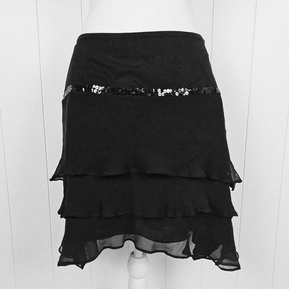 Y2k Black Silk Mini Skirt Womens 10 Punk Grunge Ruffle Sequins Party Flirty
